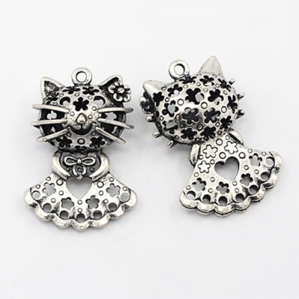 AH 0140 - Anhänger "Katze" mit Blümchenmuster, silber
